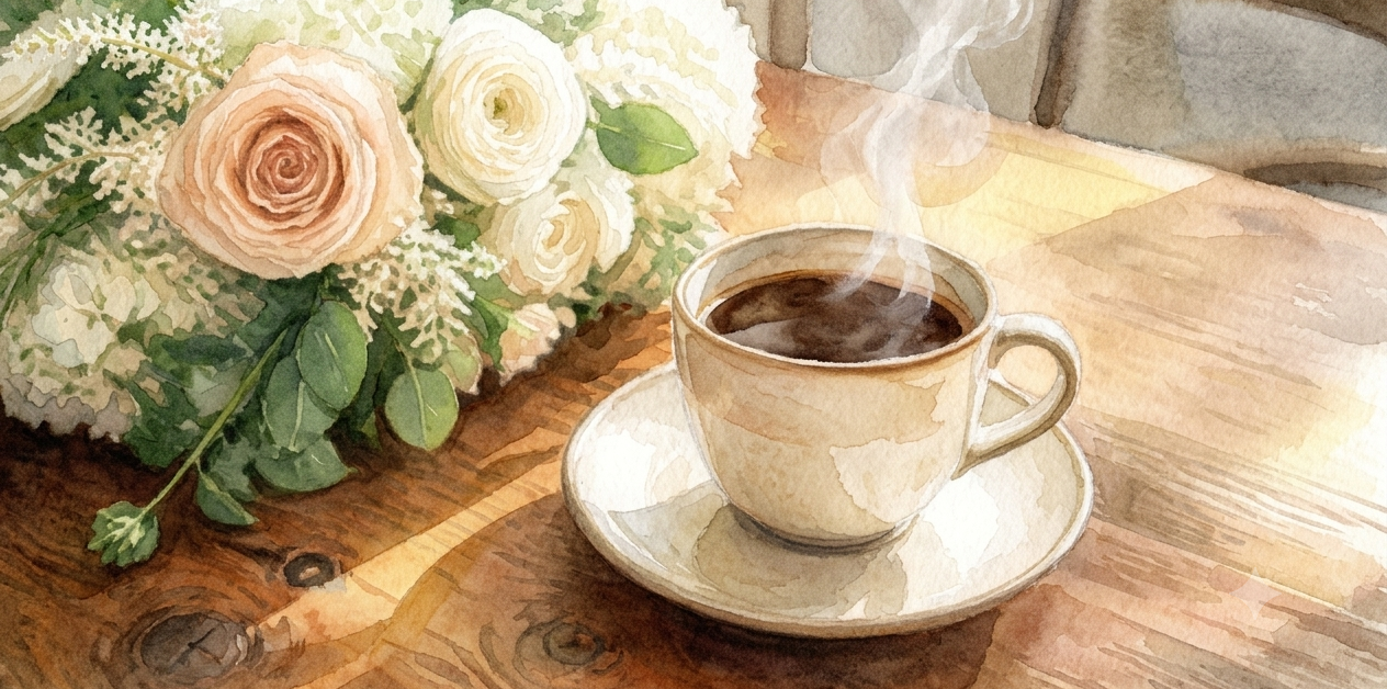 Watercolor illustration of a steaming cup of coffee beside fresh flowers on a sunlit wooden table