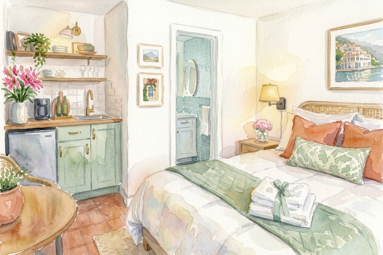 Watercolor illustration of a cozy furnished guest apartment with fresh flowers, warm linens, and sage and terracotta accents
