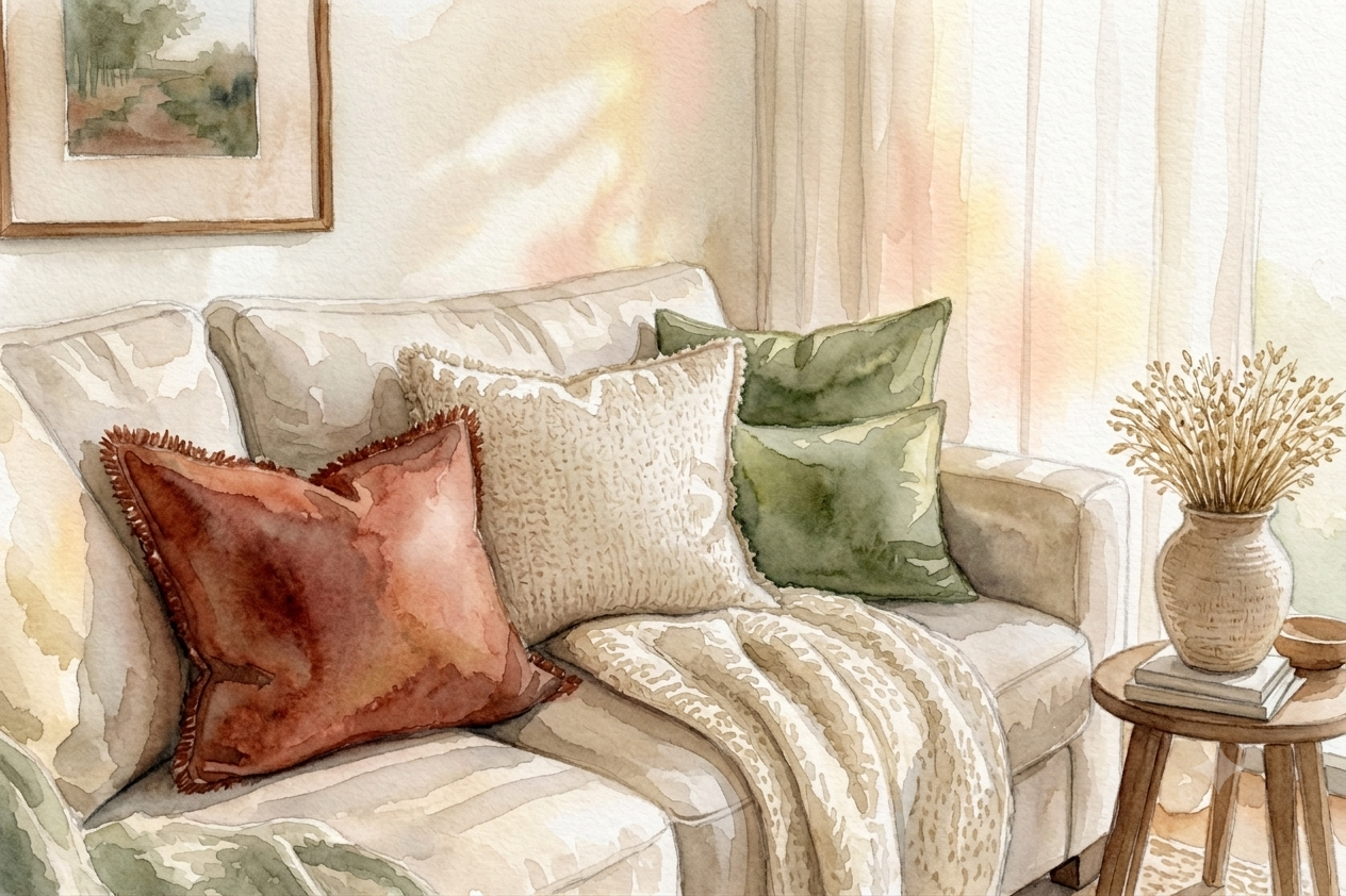 Watercolor illustration of a cozy linen couch layered with cream, terracotta, and sage pillows in warm afternoon light